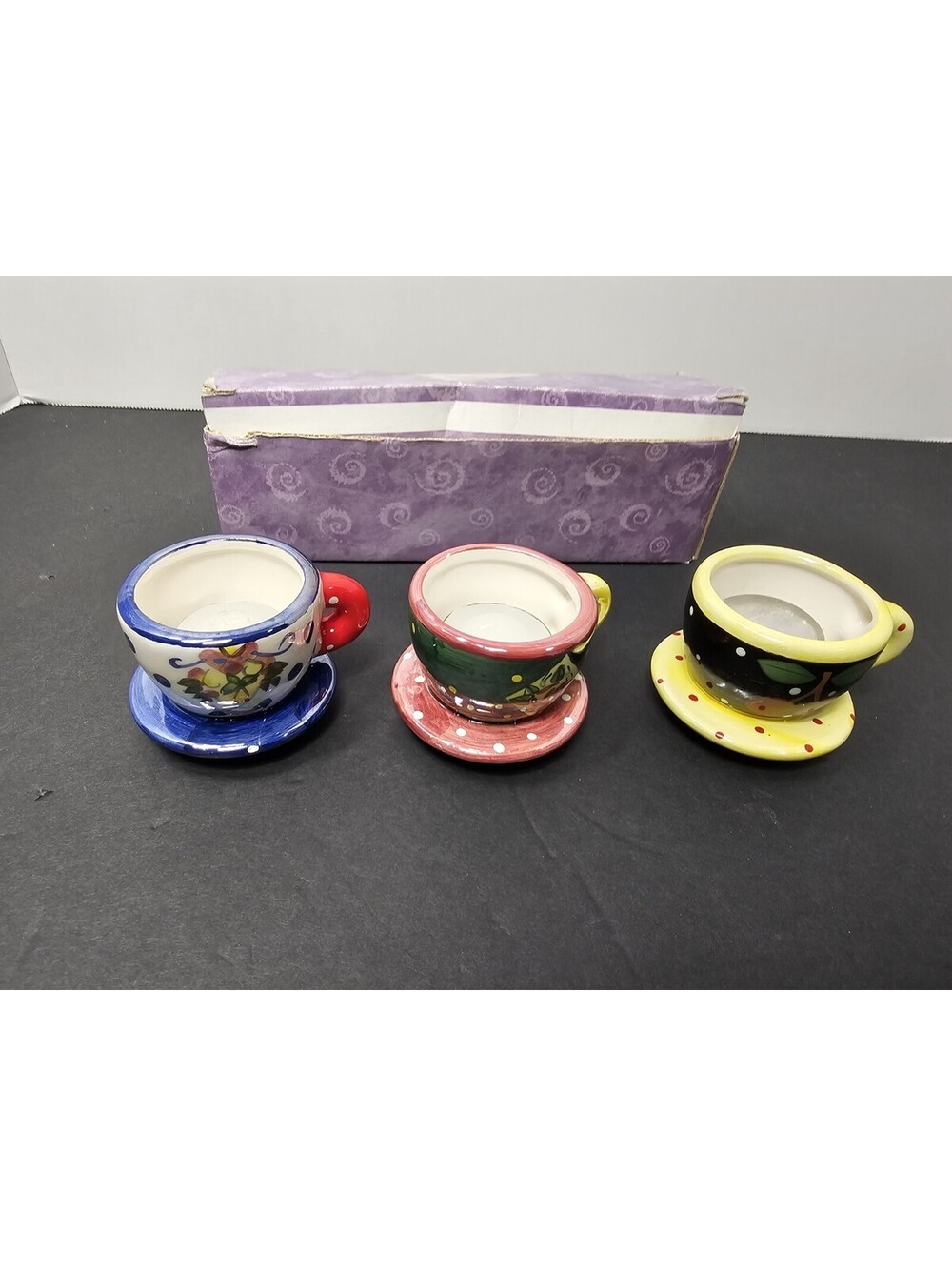 Mary Engelbreit Set of 3 Miniature Ceramic Tea Cups Hand Painted New In Box